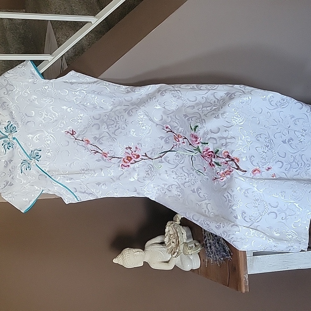 White Floral Embroidered Dress with Blue Accents